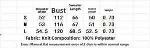 Size chart for V-neck jacquard knitted sweater in S, M, L sizes with detailed measurements
