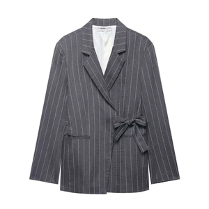 Dunkelgrauer Nadelstreifen-Blazer für Damen mit Bindegürtel und Reverskragen Anzug