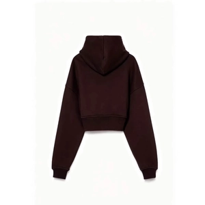 Felpa con cappuccio corta da donna marrone cioccolato con spalle scese e polsini a coste
