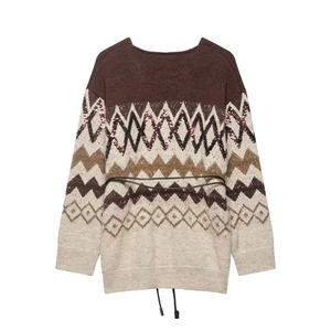 Retro V-neck jacquard knit sweater with wave patterns, sequins, and a waist belt
