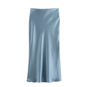 Elegant light blue satin midi skirt for women with a high waist and sleek drape