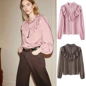 Chemisier Rayé Vintage à Manches Longues Détail Volants Superposés Col Montant Chemise Boutonnage Simple Haut Ajusté Femme