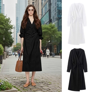Women Wrap V Neck Long Sleeve Shirt Midi Dress Elegant Minimalist Solid Color Tie Waist Casual Office Streetwear Fashion