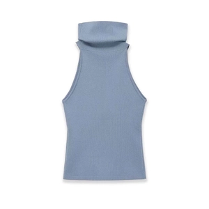 Top Senza Maniche A Collo Alto In Maglia A Costine Vestibilità Aderente Tinta Unita Poliestere Donna