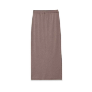 Detail of taupe knitted high waist skirt showing elastic waistband and fine texture