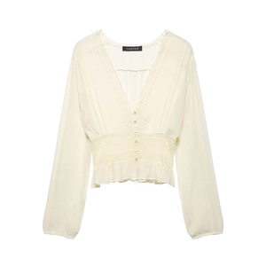 Elegant Women V Neck Chiffon Blouse Lace Patchwork Smocked Waist Long Sleeve Top Off White Pleated Casual Office Shirt