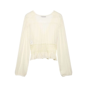 Elegant off-white chiffon long sleeve blouse with pleated waist and ruffled hem details