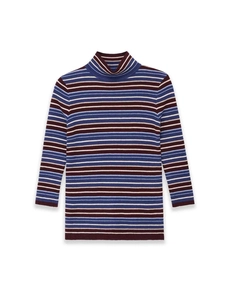 Close-up detail of multi-colored striped knit sweater featuring a chic high turtleneck design