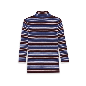 Striped high-neck knit sweater in burgundy and blue horizontal color-block pattern