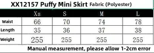 Size chart table for the high-waisted mini skirt showing waist and length measurements