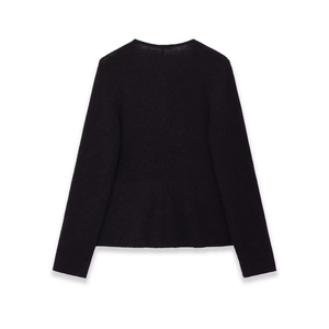 Classic black crewneck long sleeve knit cardigan shown from a full back view layout