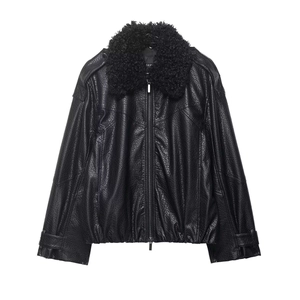 Veste Aviateur Femme en Similicuir Avec Col en Fausse Fourrure Noir Veste Biker Ample Manches Longues Fermeture Éclair