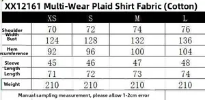 Size chart for poplin plaid shirt showing measurements for XS to L in centimeters