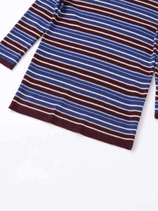 Detailed close-up showing the striped knit fabric texture and hem stitching quality