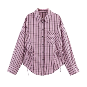 Women's Casual Pink Gingham Long Sleeve Shirt Polyester Loose Blouse With Drawstring Waist And Rounded Hem For Daily Wear