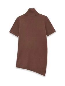 Detail of dark brown short sleeve knit top with asymmetric hem and high neckline