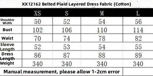 Detailed size guide for the plaid layered mini dress including bust and waist dimensions