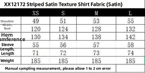 Size chart for striped satin shirt XX12172 including shoulder and bust measurements