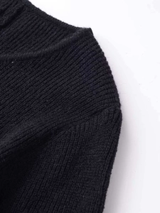 Detailed macro view of the black knit cardigan neckline with vertical rib texture