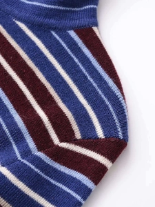 Detailed close-up showing the fine knit texture and tri-color striped pattern in navy and red