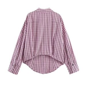 Pink and black checkered long sleeve shirt for women featuring a curved high-low hem back