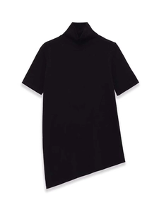 Detail of black mock neck short sleeve knit top with unique asymmetric diagonal hemline