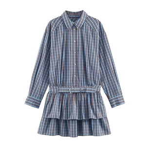 Women's Casual Long Sleeve Plaid Shirt Dress With Belt Tiered Ruffle Hem Elegant Poplin Slim Fit Mini Dress