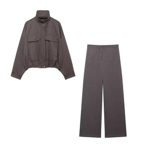 Women Bomber Jacket And High Waist Wide Leg Pants Solid Color Polyester Casual Streetwear Matching Outfits