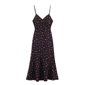 Robe Midi à Bretelles Imprimé Floral Été pour Femmes Col en V Bretelles Spaghetti Coupe Trapèze Mince Décontracté Vacances