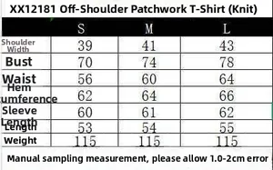 Detailed size chart for lace off-shoulder knitted top with S M L measurements