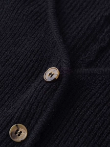 Close-up of black knitted cardigan featuring elegant amber texture buttons and fine weave