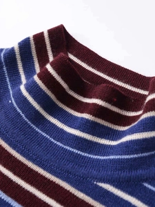 Detail of the high ribbed neckline on the striped knit sweater in red, white and blue