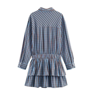 Blue and brown plaid tiered ruffle mini dress with long sleeves and belted elastic waist
