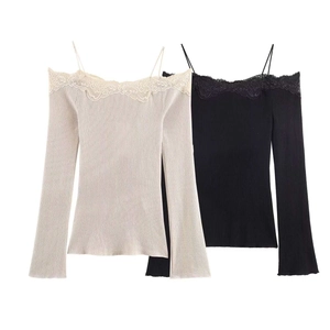 Beige and black off-the-shoulder knit tops with lace trim and slim shoulder straps