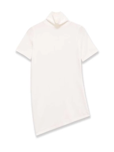 Detail of white high-neck short-sleeve knit top featuring a unique irregular diagonal hem