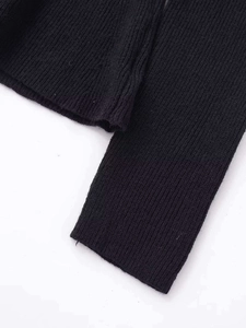 Detail view of black ribbed knit cardigan showing high-elasticity fabric texture and seams