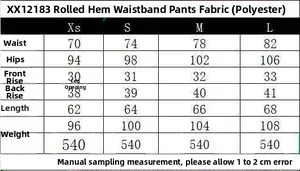 Tabella taglie per pantaloni a gamba larga con misure da XS a L in centimetri