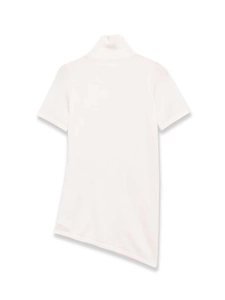 Detail of white high-neck knit top featuring a unique asymmetric irregular hemline design