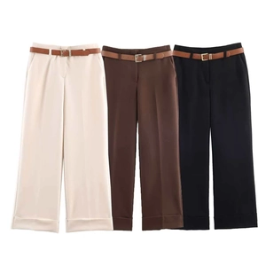 Pantaloni a Gamba Larga a Vita Alta da Donna Con Cintura Pendolare Ufficio Drappeggiato Orlo Con Risvolto Gamba Dritta