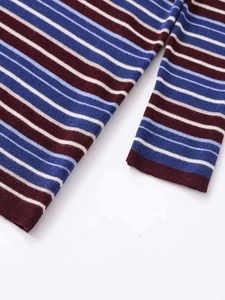 Detailed view of striped knit top showing red and blue multicolor patterns and stitching