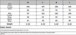Size chart table for wide leg denim jeans featuring measurements from XS to L in CM
