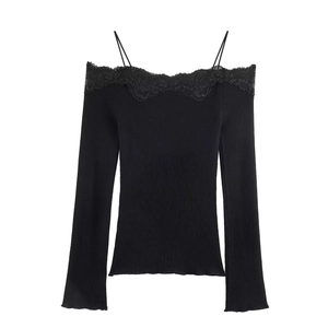 Close-up of black off-shoulder ribbed knit top featuring delicate lace trim details