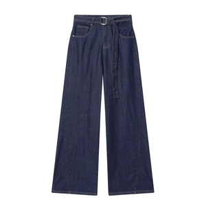 Women's Retro Dark Blue Wide Leg Jeans With Belt High Waist Drape Anti-Wrinkle Polyester Denim Trousers Casual Office Commute Pants