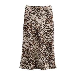 Macro detail of the smooth satin leopard print midi skirt with elegant brown texture