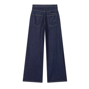 Classic high-waisted dark blue wide-leg jeans with back pocket detail in retro style