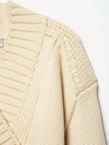 Close-up of heavy-knit cream cardigan showing ribbed collar and premium fabric texture