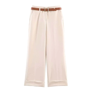 Eleganti pantaloni beige a vita alta a gamba larga con sottile cintura in pelle marrone