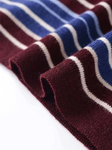 Detailed macro shot of high-quality knit fabric with red, white, and blue stripes