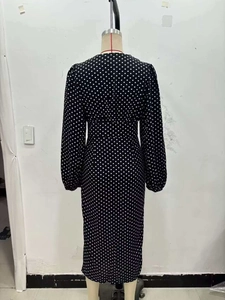 Detail view of long-sleeved polka dot dress back with high waist and puff sleeves