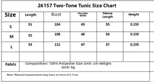 Size chart for tie-up shirt featuring length, bust, and 100% polyester fabric details